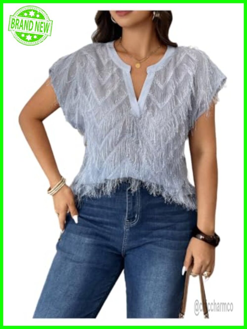 Plus Size Fringe Top Sparkly Short Sleeve Semi Sheer Party Top